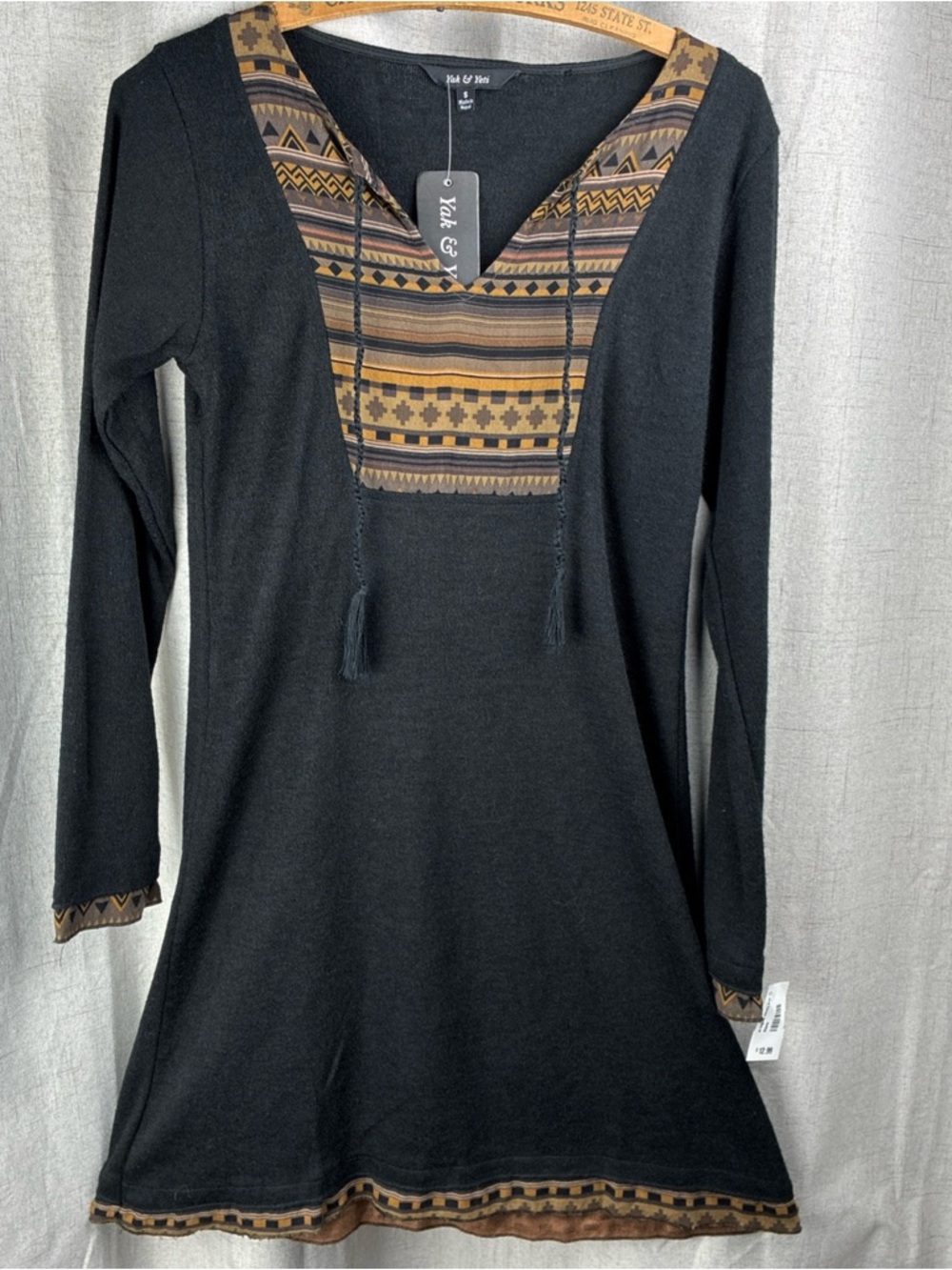 Yak & Yeti Soft Dress Aztec Tassels Charcoal Black Peasant NWT Boho Fair Trade S